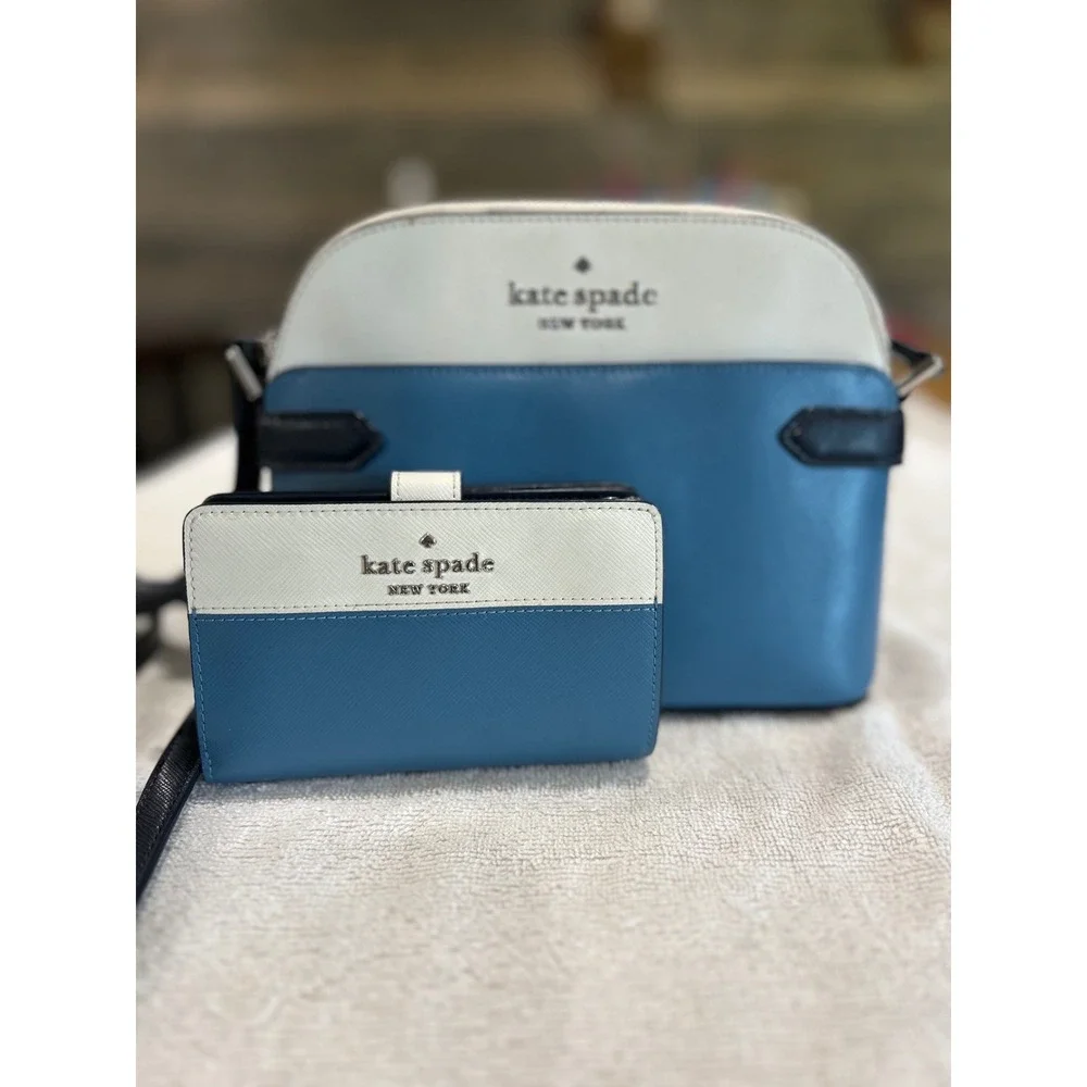 Kate Spade Staci Niagara Blue Colorblock Crossbody Bag Wallet Set EUC Designer